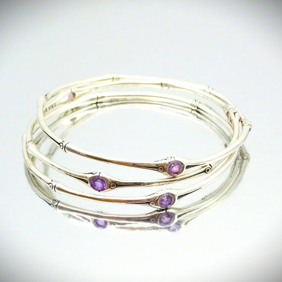 JOHN HARDY Bamboo Collection Sterling Silver & Amethyst Set of Three Bracelets M - Picture 1 of 9
